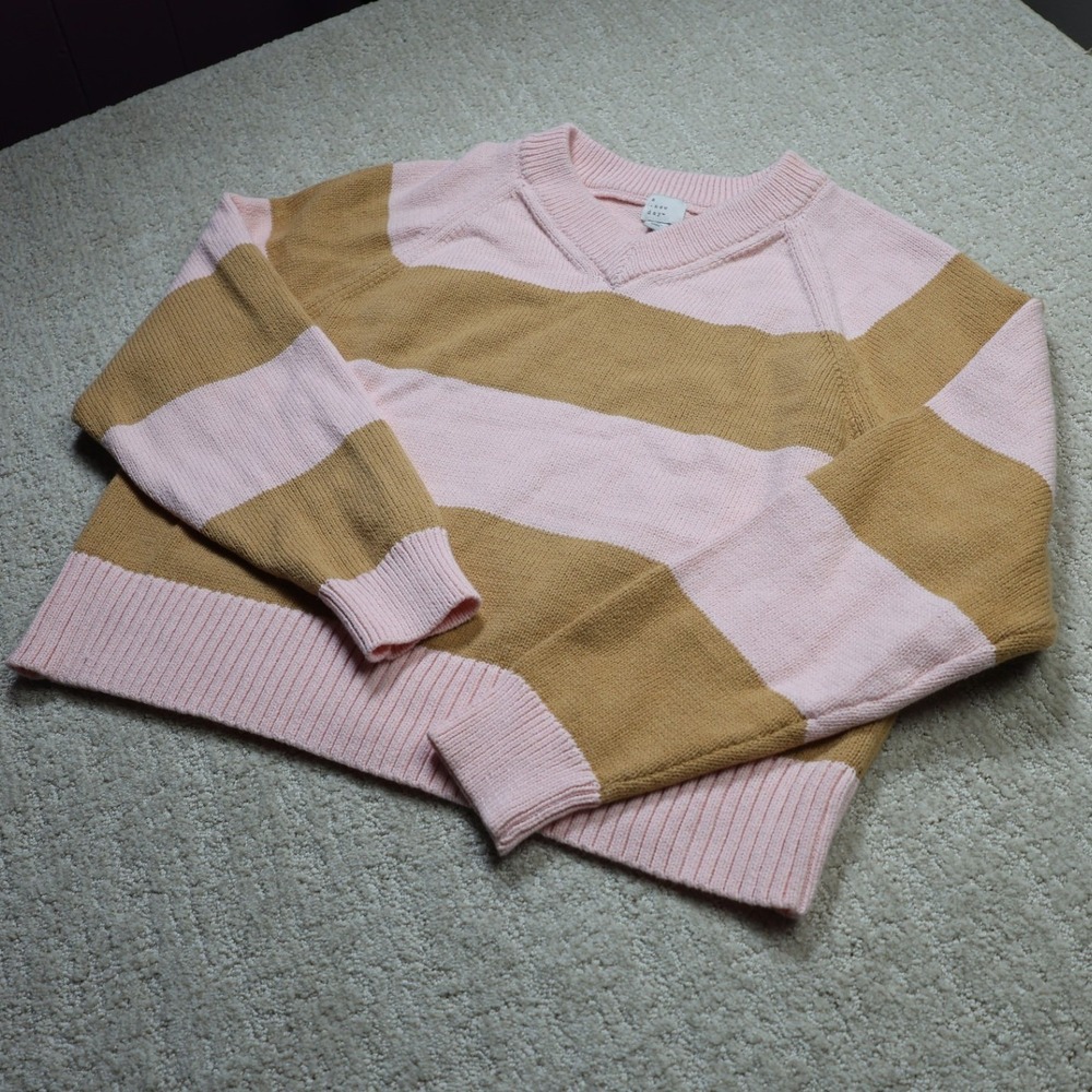 A New Day Womens V-Neck Striped Raglan Sleeve Sweater Pink Tan Size M